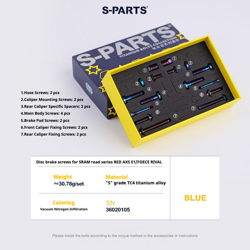 S-Parts titanium brake bolt kit for SRAM RED D1 / Force / Rival AXS (16 pcs), blue