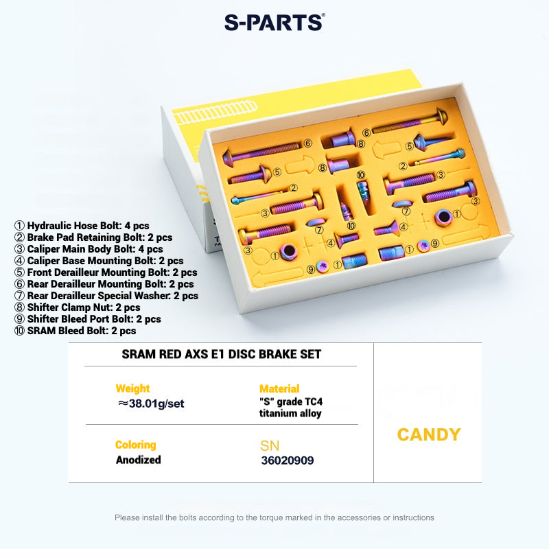 S-Parts titanium brake bolt kit for SRAM RED AXS E1 (24 pcs), candy