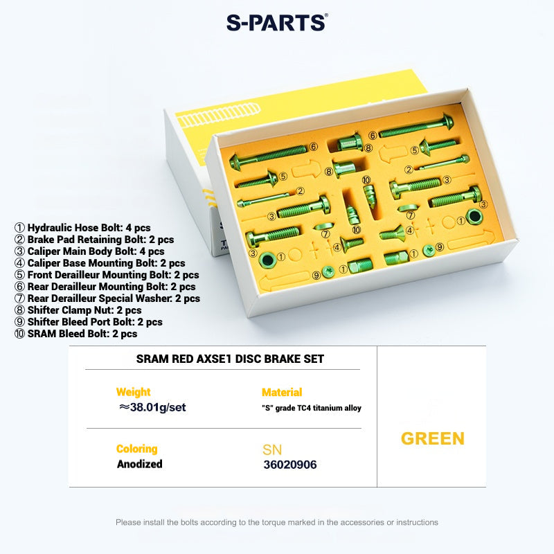 S-Parts titanium brake bolt kit for SRAM RED AXS E1 (24 pcs), green