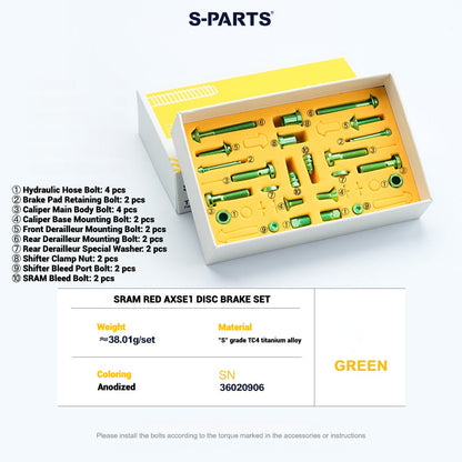 S-Parts titanium brake bolt kit for SRAM RED AXS E1 (24 pcs), green